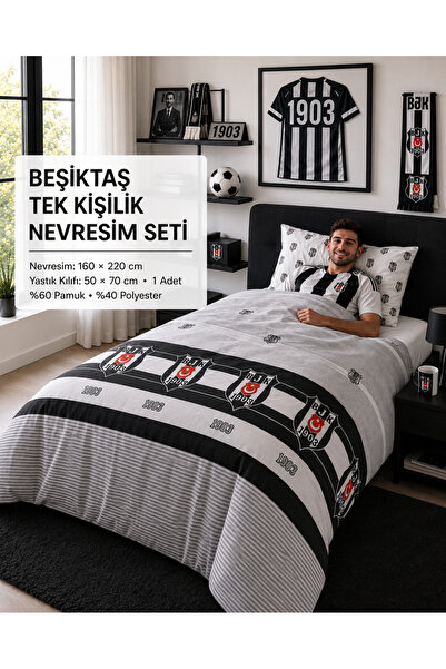Beşiktaş Licensed Bandroll Single Duvet Cover Set (1 Duvet Cover + 1 Pillowca...