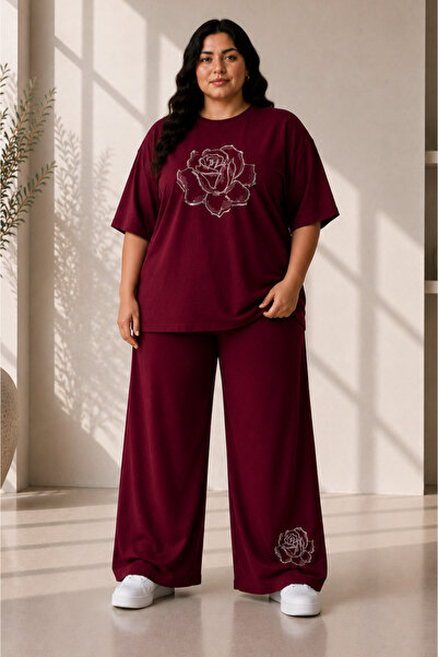 Rubonia Women's Plus Size Rose Print Oversize 2-Piece Tracksuit Set Wide Leg ...