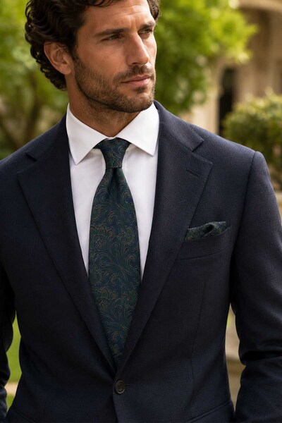 Kravatkolik Classic Tie with Green Paisley Pattern Handkerchief Kk13120