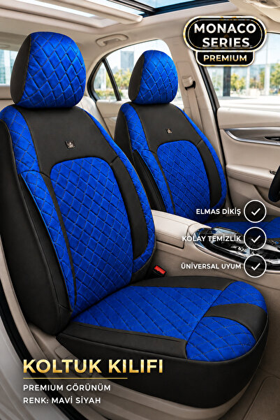 TROBUS Monaco Series Eviza Leather Detailed Blue Universal Seat Cover Full Set