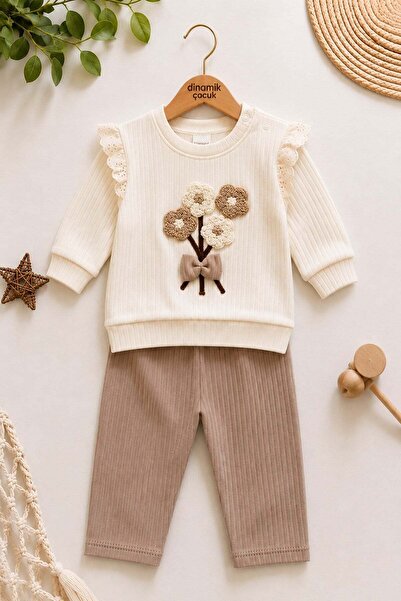 dinamik çocuk Baby Girl Süzene Daisy Bowknot 2-Piece Top and Bottom Set - Rib...