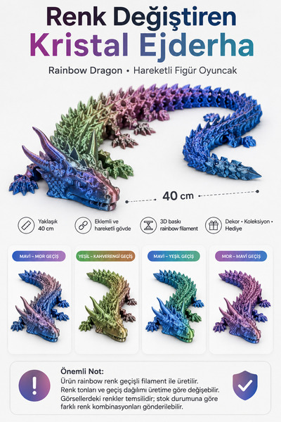 Impress Renk Değiştiren Kristal Ejderha 40 cm – Rainbow Dragon Eklemli Hareke...