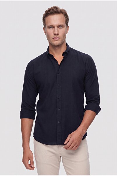 D'S Damat Slim Fit Marineblaues Hemd mit Knopfkragen aus 100 % Baumwolle im S...