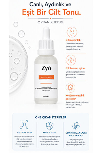 Zyo C Vitamini Serum 30 ml Aydınlatıcı ve Cilt Tonu Eşitleyici Antioksidan Işıltı Veren Bakım Serumu