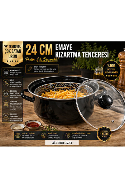 Ünlü 24 cm Emaye Kızartma Tenceresi – Cam Kapaklı ve Kızartma Telli, Siyah