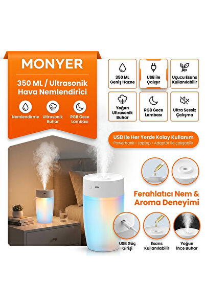 Monyer 350 ML Oda Hava Nemlendirici RGB Renkli Işık Gece Lambalı Mini Ultraso...