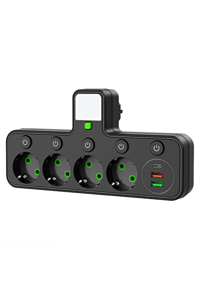Choice4 EU Plug 4-Black Wall Socket 4 AC Outlets 2 USB Ports 1 Type-C EU Plug...