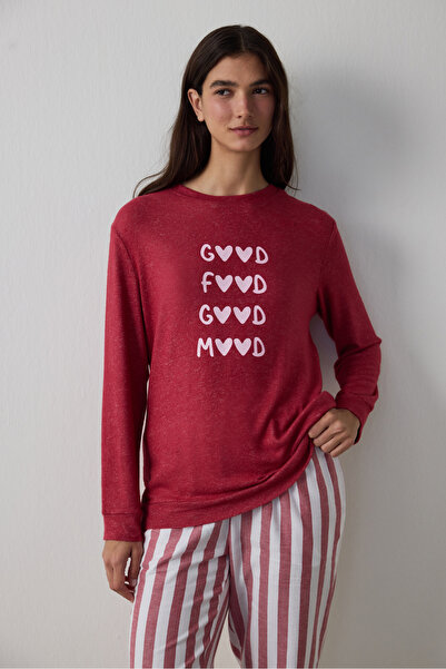 Penti Burgunderrotes Sweatshirt-Pyjama-Oberteil mit Good Mood-Slogan-Aufdruck...
