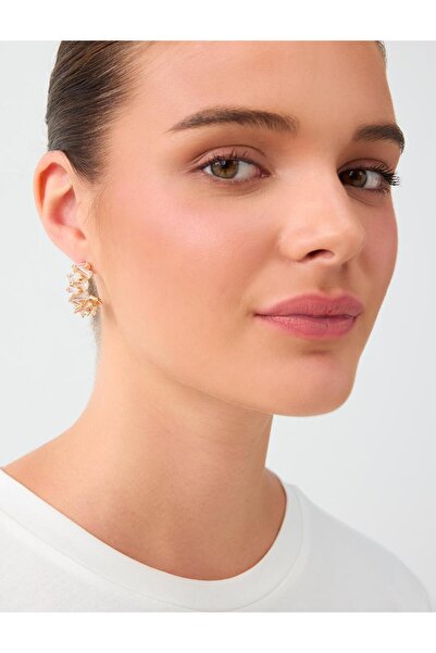 Jimmy Key Gold Color Stone Detailed Hoop Earrings