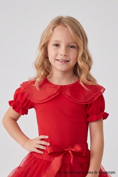 Le Mabelle Red Short Sleeve Organza Collared Girl's T-Shirt