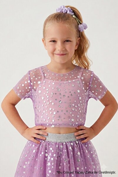 Le Mabelle Lilac Star Printed Short Sleeve Girls' Tulle Crop