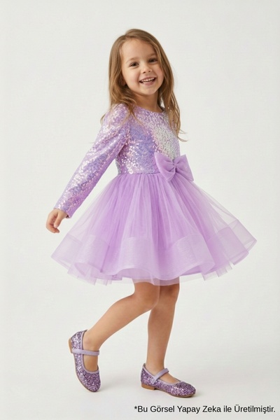 Le Mabelle Lilac Sequin Textured Bow Detail Girls' Dress - Irene