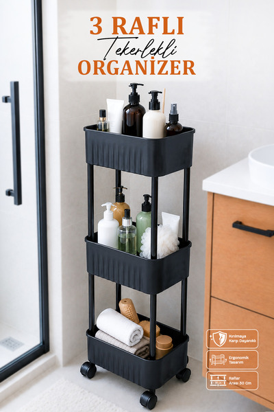 naturelove 3 Katlı Tekerlekli Tezgah Altı Banyo Mutfak Rafı Dolap Düzenleyici...