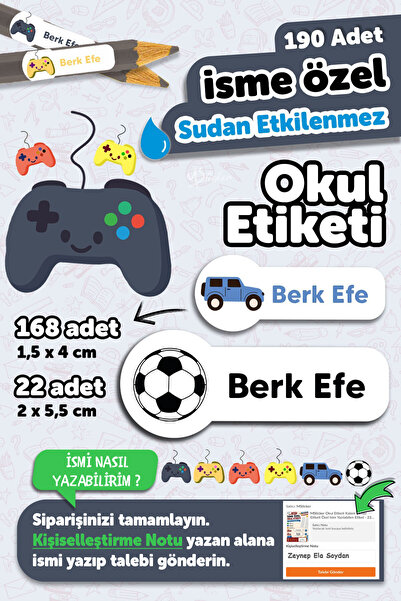 MSticker 190 Adet Kişiye Özel Okul Etiketi İsimli Kalem Defter Suluk Etiket S...