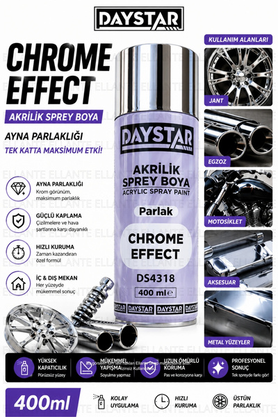 ellante Daystar Krom Efekt Sprey Boya 400 ml – Metal, Jant ve Aksesuar Boyası