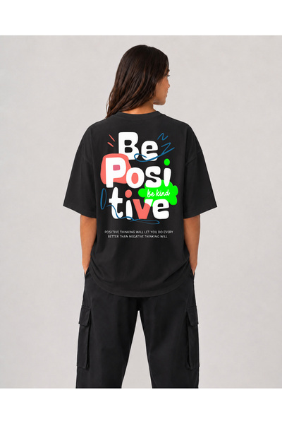 chaygoy Unisex Relaxed Fit Siyah Tişört Be Positive Baskılı %100 Pamuk