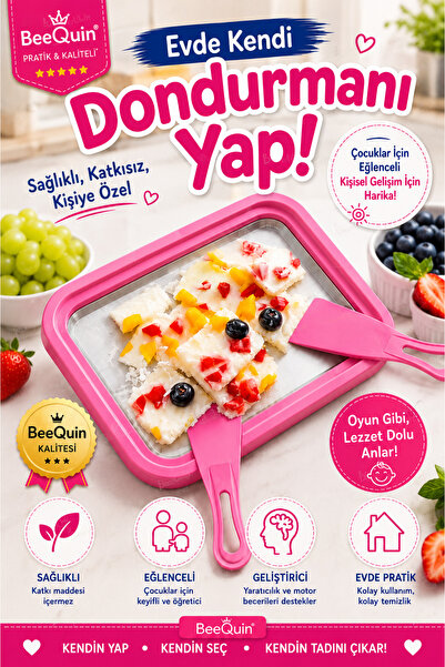 BeeQuin Pembe Dondurma Tepsisi Tavası Dondurma Yapma Hazırlama Rulo Spatulalı...