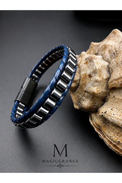 magıcgrange Natural Hematite Stone & Real Calfskin Handmade Bracelet – with M...