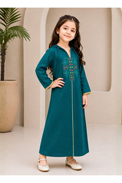 amaan Girls Teal Hooded Embroidered Jalabiya Full Length Islamic Dress