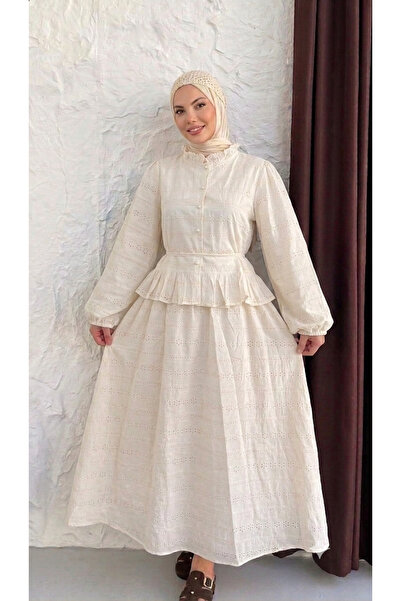 QUAWEAR Crew Neck Scalloped Lined Shirt and Elastic Waist Skirt Two-Piece Set