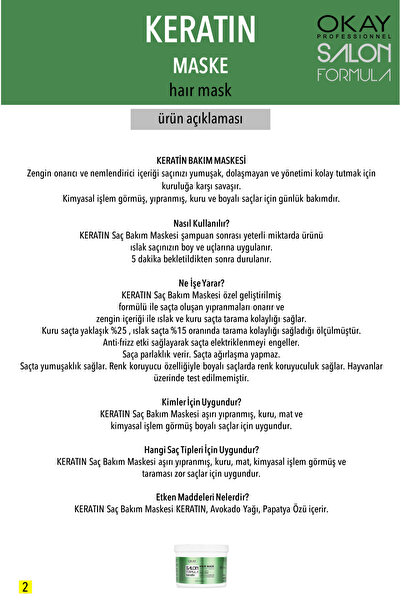 OKAYPROFESSIONNEL Salon Formula Yıpranmış Saçlar İçin KERATIN Saç Bakım Maskesi 500ml