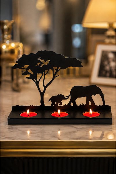 VENON 🐘 Siyah Fil Ve Ağaç Desenli Metal Mumluk & Şamdanlık Biblo Dekorasyon ...