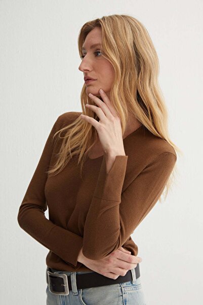 Silk and Cashmere Kahverengi Zoe İpek Kaşmir Derin V Yaka Triko