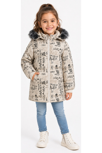 İrem Çocuk Giyim Girl's Beige Color Coat with Detachable Hood, Zipper Pockets...