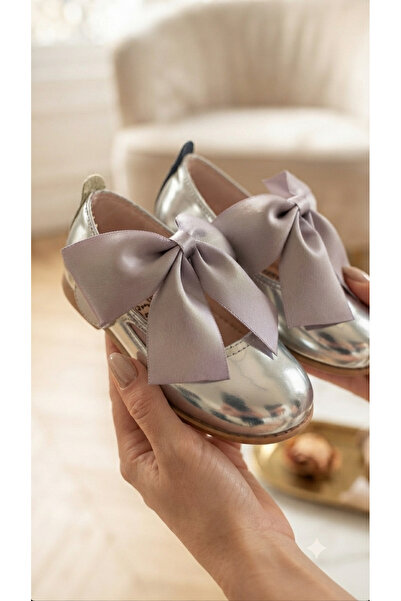 PATİK BEBE Girls' Silver Color Shiny Patent Leather Bow-Tie Orthopedic Stylis...