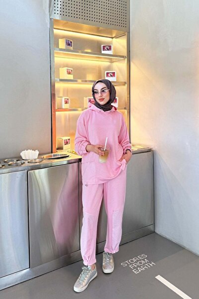 MELEK ARAZ Premium Hooded Double Face Women's Set with Pleated Detail - Pink