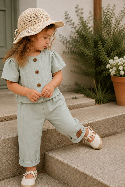 Pmini Leather Label Buttoned Linen Mint Baby Girl Set
