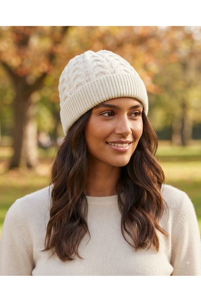 Fonem Unisex Lavinia Wool Beret Fo 2752 Ecru Embossed Knitted Pattern, Durabl...