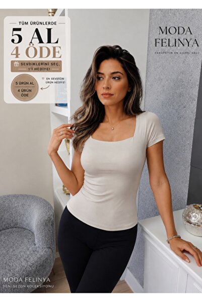 moda felinya ΓΥΝΑΙΚΕΙΟ ΚΟΝΤΟΜΑΝΙΚΟ Τ-ΣΙΡΤ ΜΠΛΟΥΖΑ ΜΕ ΤΕΤΡΑΓΩΝΟ ΛΑΙΜΟ, ΚΡΕΜ ΧΡ...