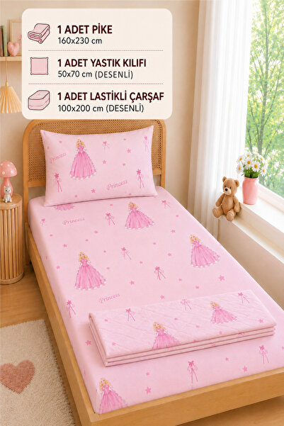 MARLA HOME Tek Kişilik Çocuk Pike Takımı | 160x230 cm | Elyaf Dolgulu & Desenli Lastikli Çarşaflı