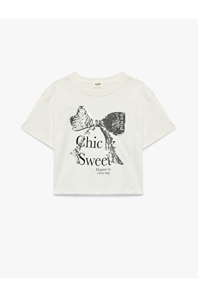 Koton Pullu Payetli Fiyonklu Ekru Kız Çocuk T-Shirt 6SKG10195AK