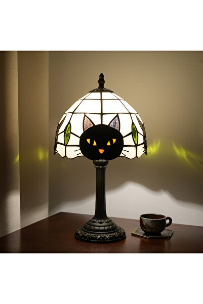 Choice UK Plug Beige Cute Black Cat Desk Lamp Vintage Stained Glass Animal Ba...