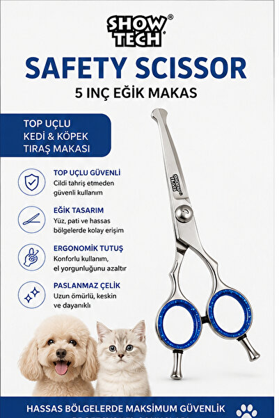 Showtech Show Tech Kedi Köpek Safety Scissor 5 inç Top Uçlu Eğik Tıraş Makası