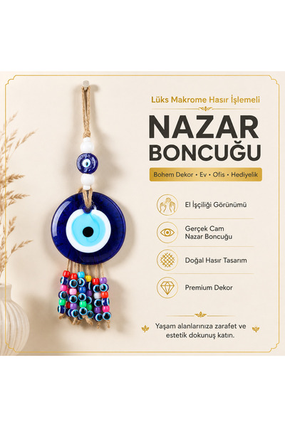e-life shop Lüks Hasır İşlemeli Asmalı Hediyelik Dekoratif Nazar Boncuğu Çakr...