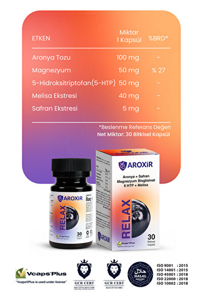 Aroxir Relax Stres ve Uyku Desteği Aronya, Magnezyum Bisglisinat, 5- HTP, Melisa ve Safran 30 Kapsül