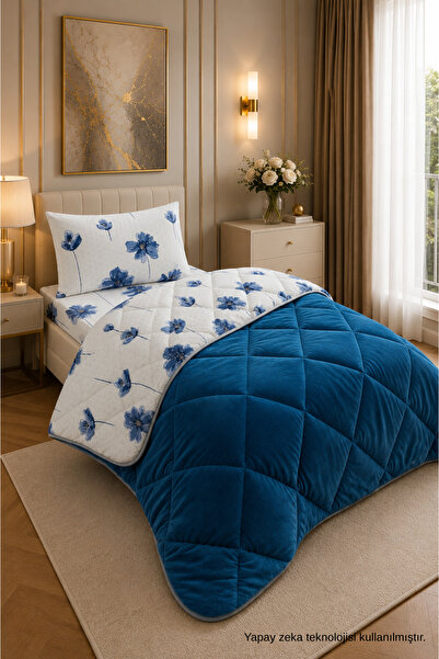 ÇARŞAF DÜNYASI Colorful Patterned Single Duvet with Plush Double-Sided Pillow...