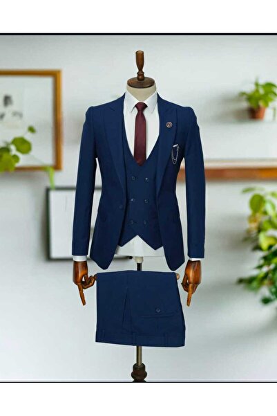Beystil Sivri Yaka Parlement Mavisi Yelekli Takım Elbise Roni - Slim Fit