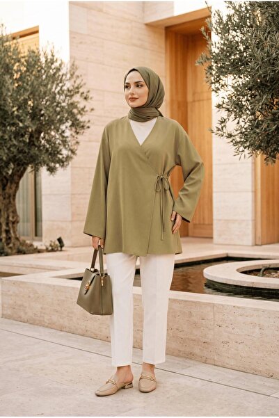 USLULAR Oil Green Double-Breasted Collar Side Tie Kimono Tunic