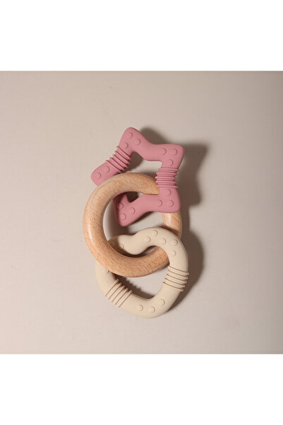 Moon Piece moonpie beige and dark pink Silicone Star and Heart Teether with T...