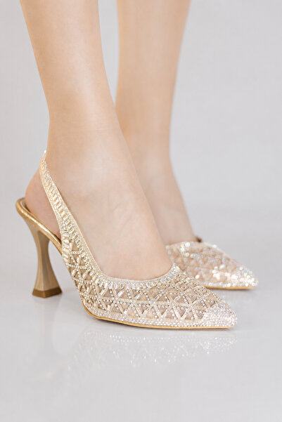 RMY SHOES Women's Gold Stone Stiletto Heeled Evening Dress & Bridal Shoes