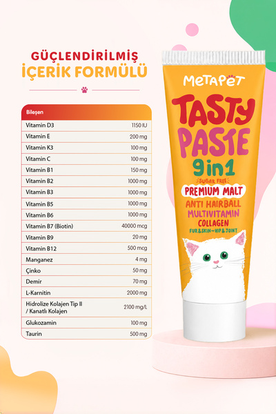 Metapet Kediler için Multi Vitamin Maltı, Glukozamin B C D Vitaminleri Macunu, Tüy Yumağı Önleyici Vitamini