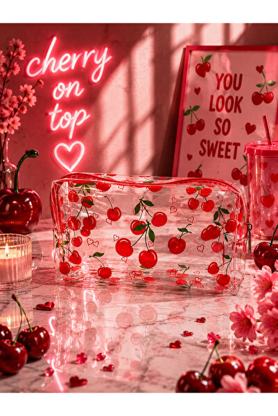 UCCELLO Transparent Cherry Pattern Makeup Bag Zipper Cosmetic Bag Travel and ...