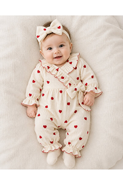 URZALO Kız Bebek Kalpli 2'lü Tulum Takım Krem Pembe Premium Baby Collection
