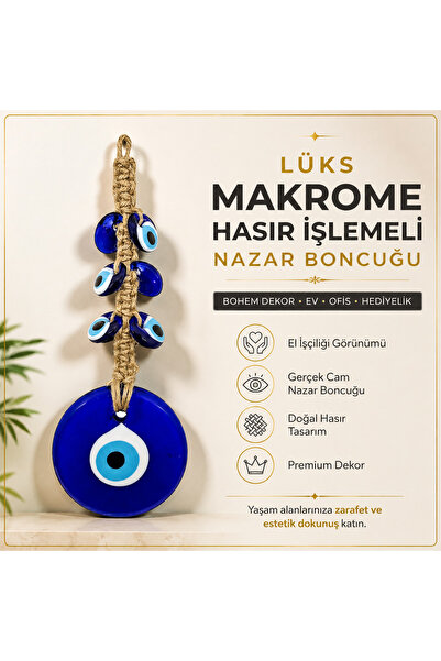 e-life shop Lüks Makrome Hasır İşlemeli Büyük Nazar Boncuğu Duvar Kapı Süsü B...
