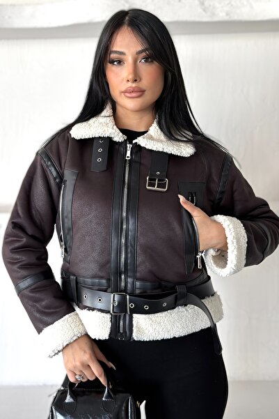 moda armanc Women's Belted Plush Lined Leather Coat with Fur Detail Biker Jacket