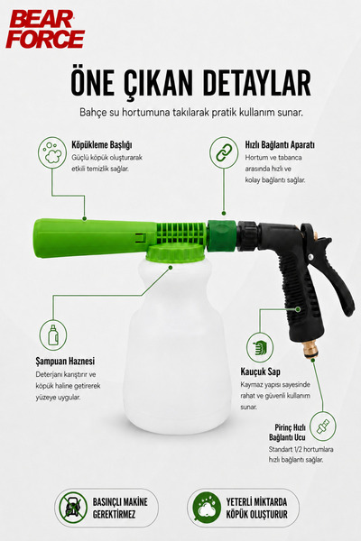 ROBEVE Bear Force 1000 ML Bahçe Hortumuna Takılan Köpük Tabancası | Oto Yıkama Köpük Aparatı | Köpükleme ve Durulama Modlu | 1/2” Standart Hortum Uyumlu | Araç, Motosiklet, Bisiklet ve Bahçe Temizliği